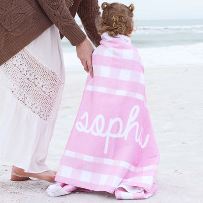 pink and white seersucker towel for kids personalized 
