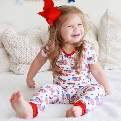 two piece pajama set for kids with flag for the 4th of july 