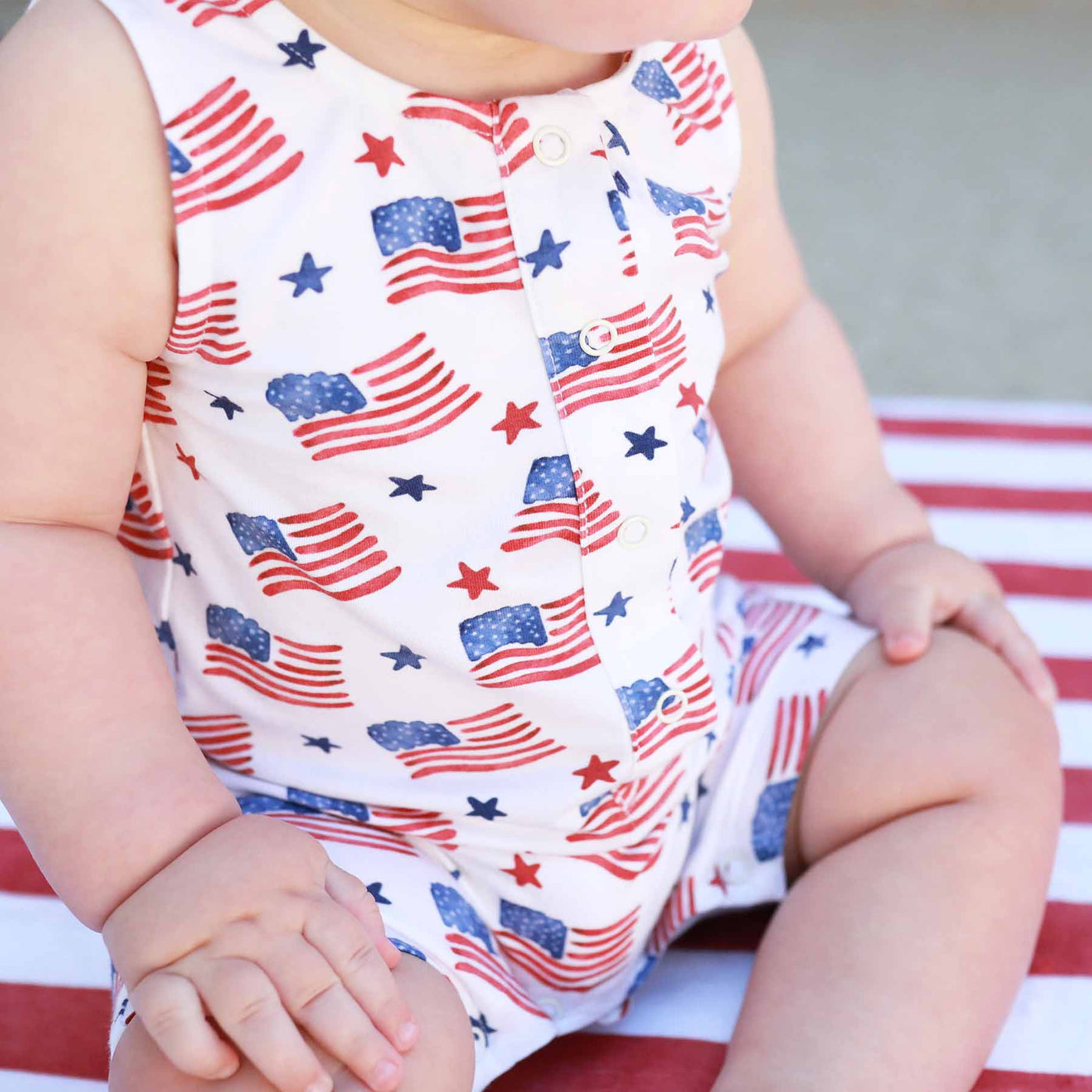 bamboo pajama romper with american flags 4th of july daytime outfit 