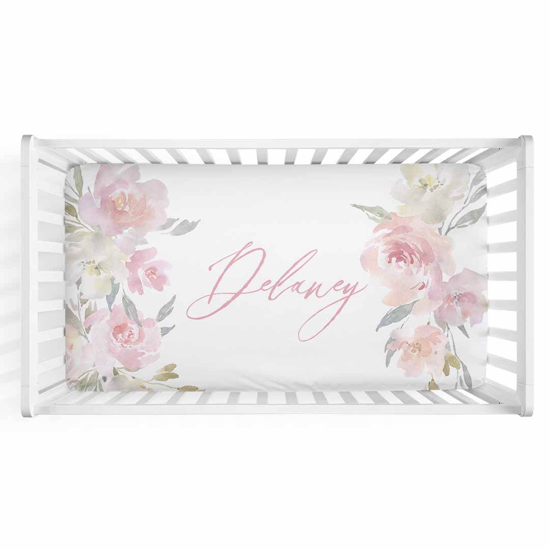 Delaney's Dusty Blush Floral Personalized Crib Sheet Caden Lane