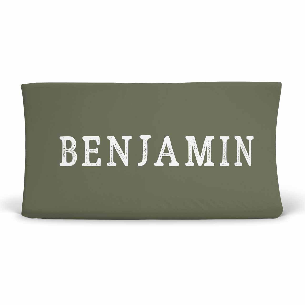 Personalized Olive Green Jersey Knit Changing Table Cover in Block Print