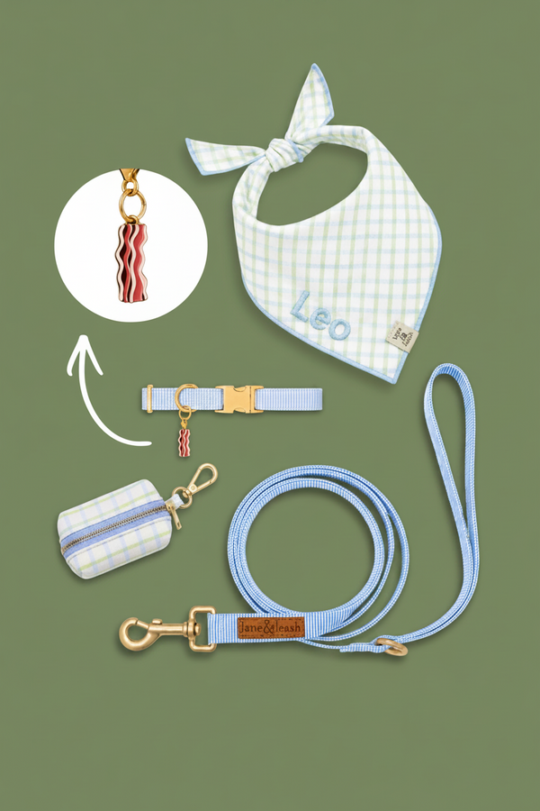 Blue gingham pet accessories flatlay on green background with bandana, collar, leash, and poop bag holder, featuring a bacon strips charm highlighted in a circle callout