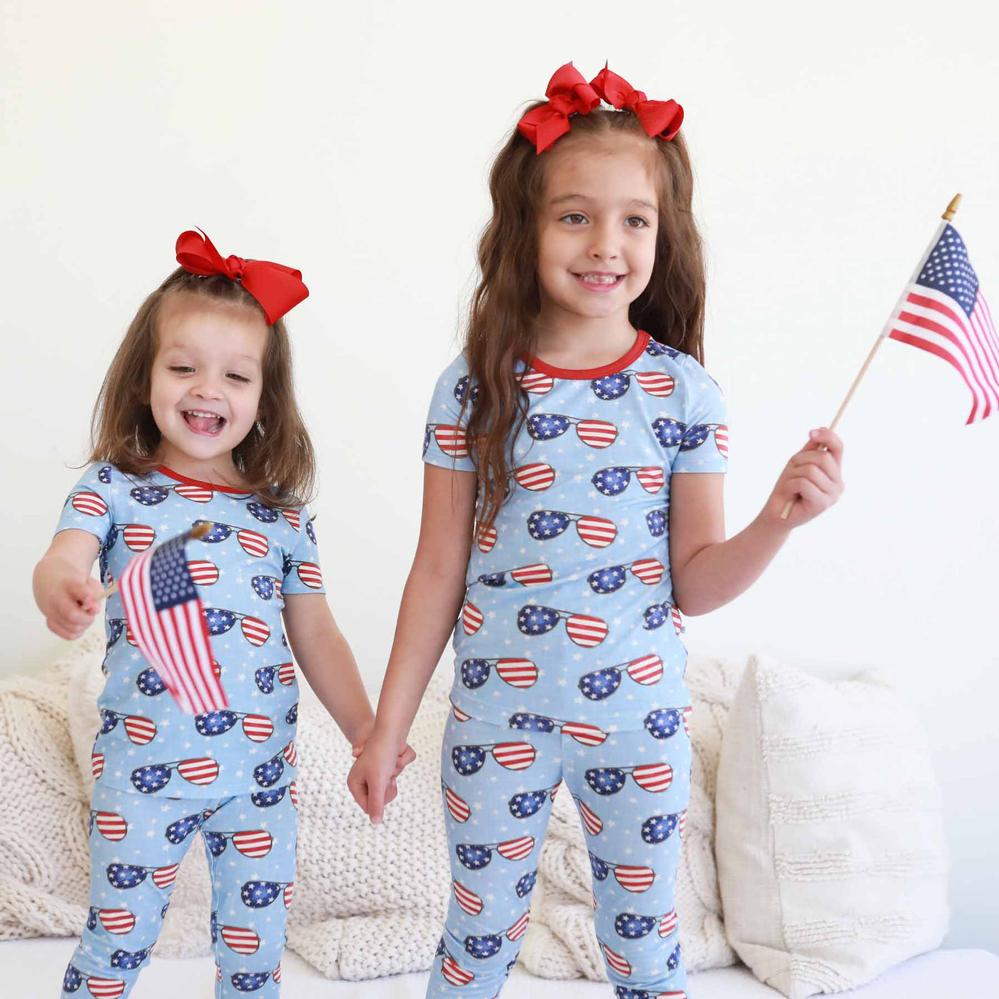 red, white and blue bamboo two piece pajama set for kids