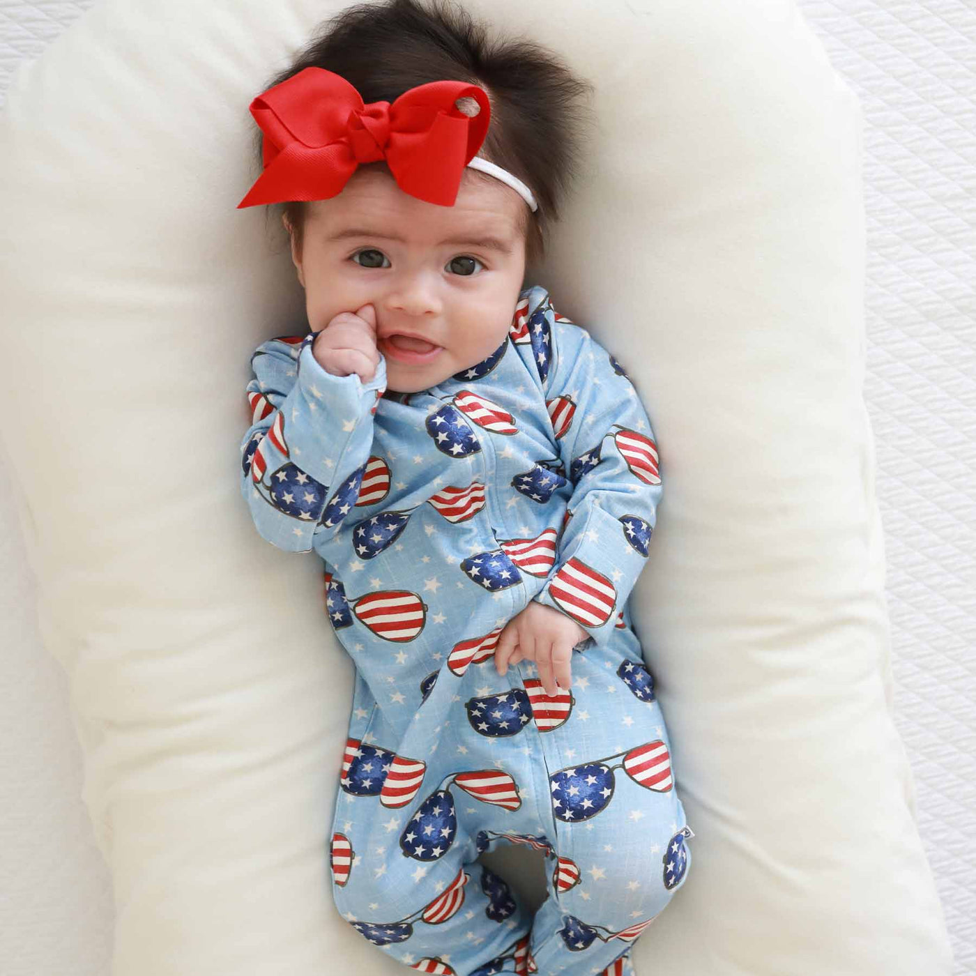 fourth of july bamboo zipper footie for babies flag sunglasses