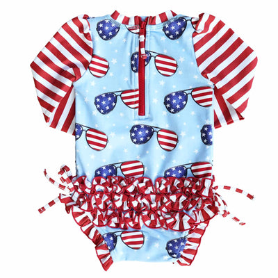 4th of july rash guard swimsuit for babies with ruffles on the bottom