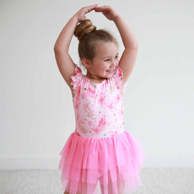 leotard for girls with tulle skirt and ruffle sleeves 