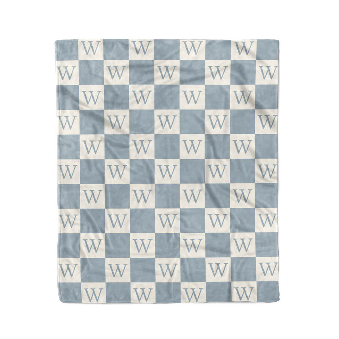 blue checkered blanket with initial personalized 