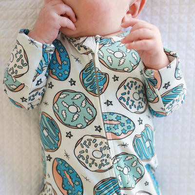 zipper footie pajamas for baby with donuts and stars 
