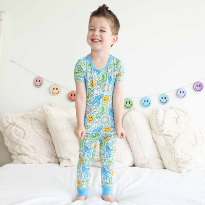 kids pajama set blue with floaties and smiley faces 