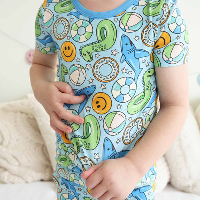 blue bamboo pajama set for kids pool floatie themed 