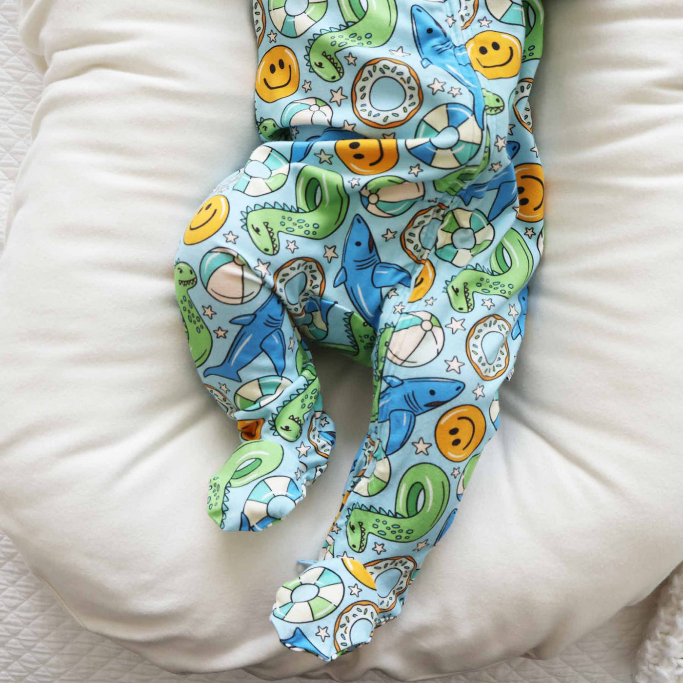 double zipper footie for babies blue and green with floaties 