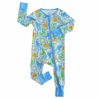 blue floatie pajama romper for babies with convertible flip mitts for hands and feet 