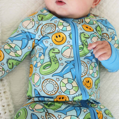 pool themed pajama romper for babies blue 