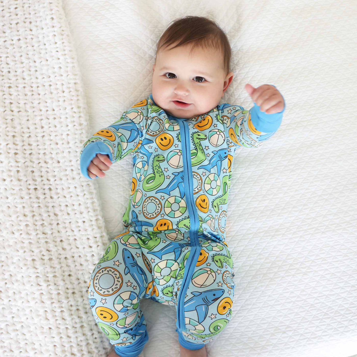 convertible pajama romper with floaties blue and green 