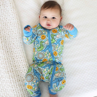 sibling matching pajama romper with floaties blue 