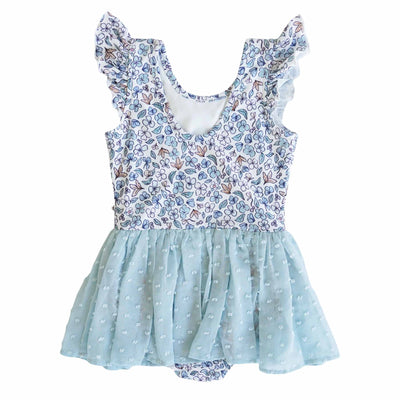 blue floral leotard for girls with ruffle sleeves