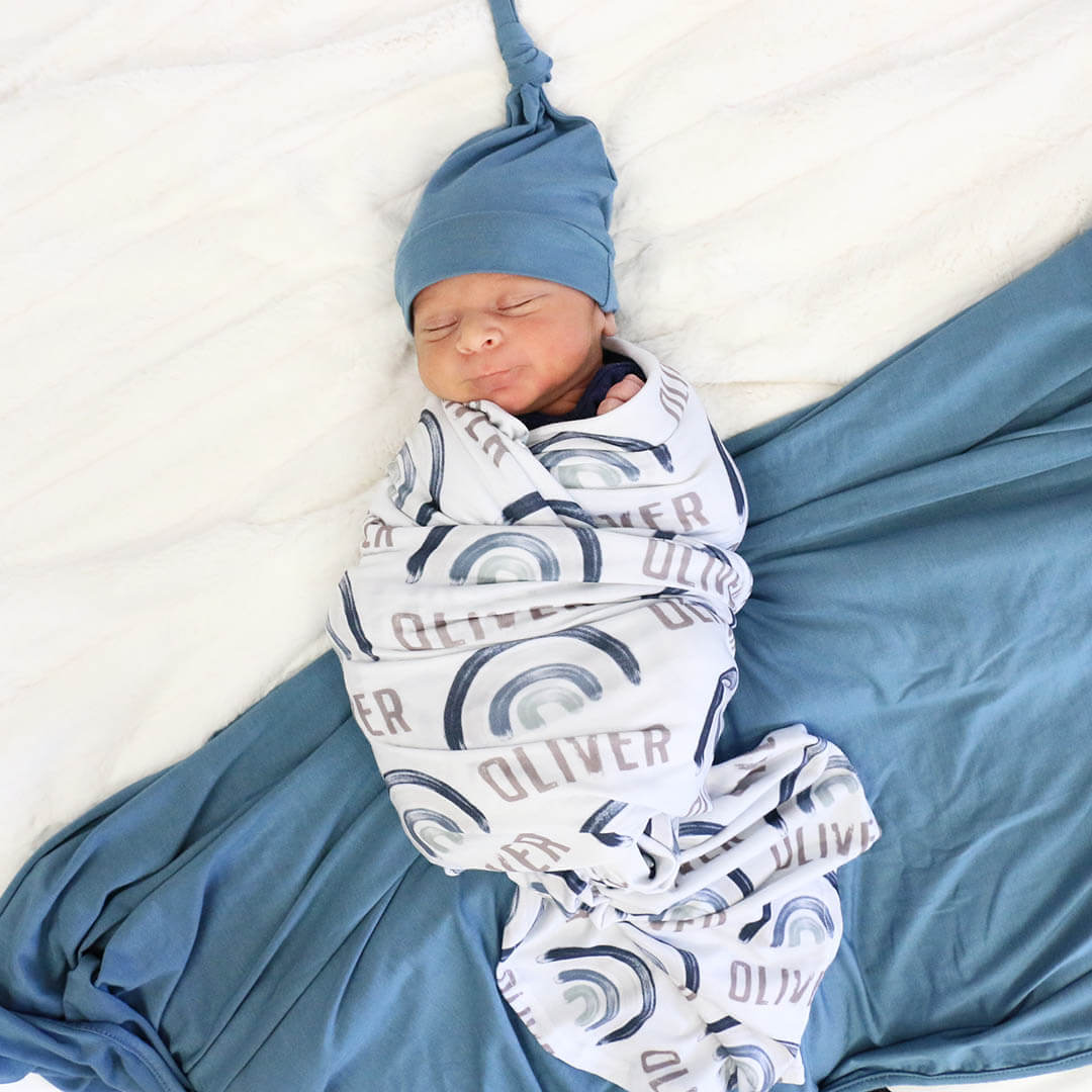 blue rainbow personalized swaddle blanket  for newborn 