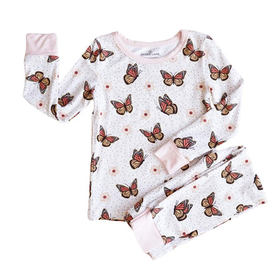 two piece pajama set with butterflies and gold foil for kids 