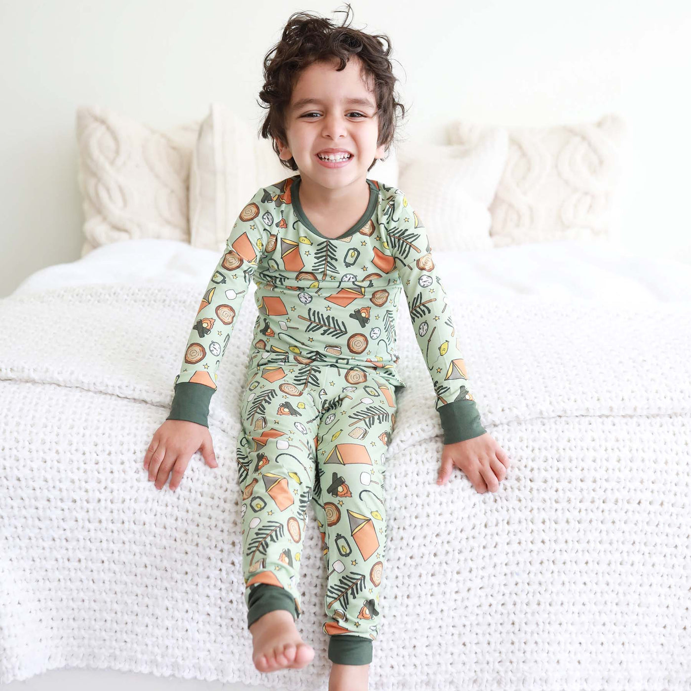 green pajama set for kids camping themed