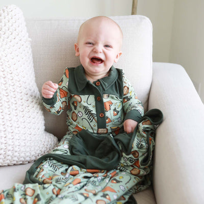 collar romper for babies that is long sleeved and camping themed 