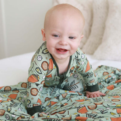 green camping themed convertible zip romper for babies 