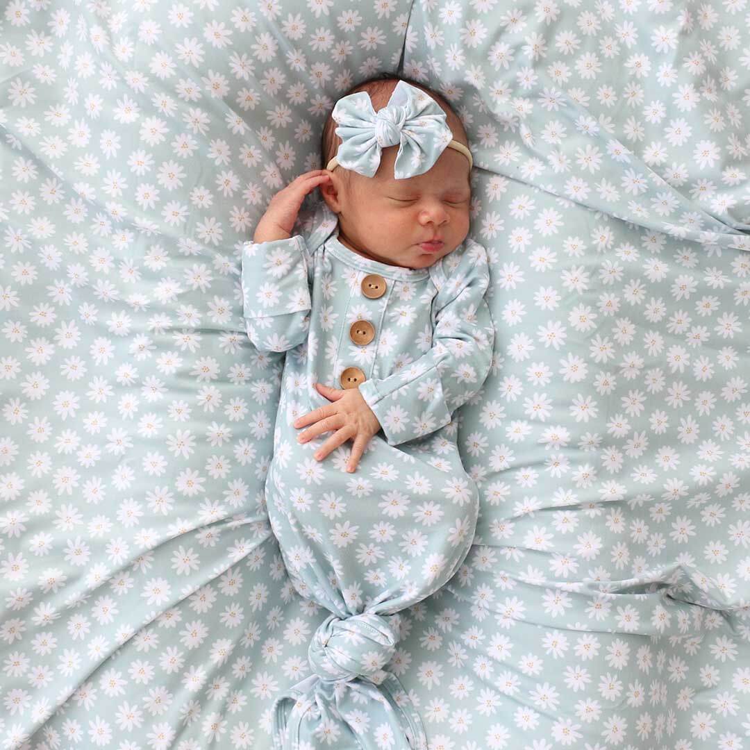 Soft Green Daisy Newborn Baby Knot Gown Hat Caden Lane