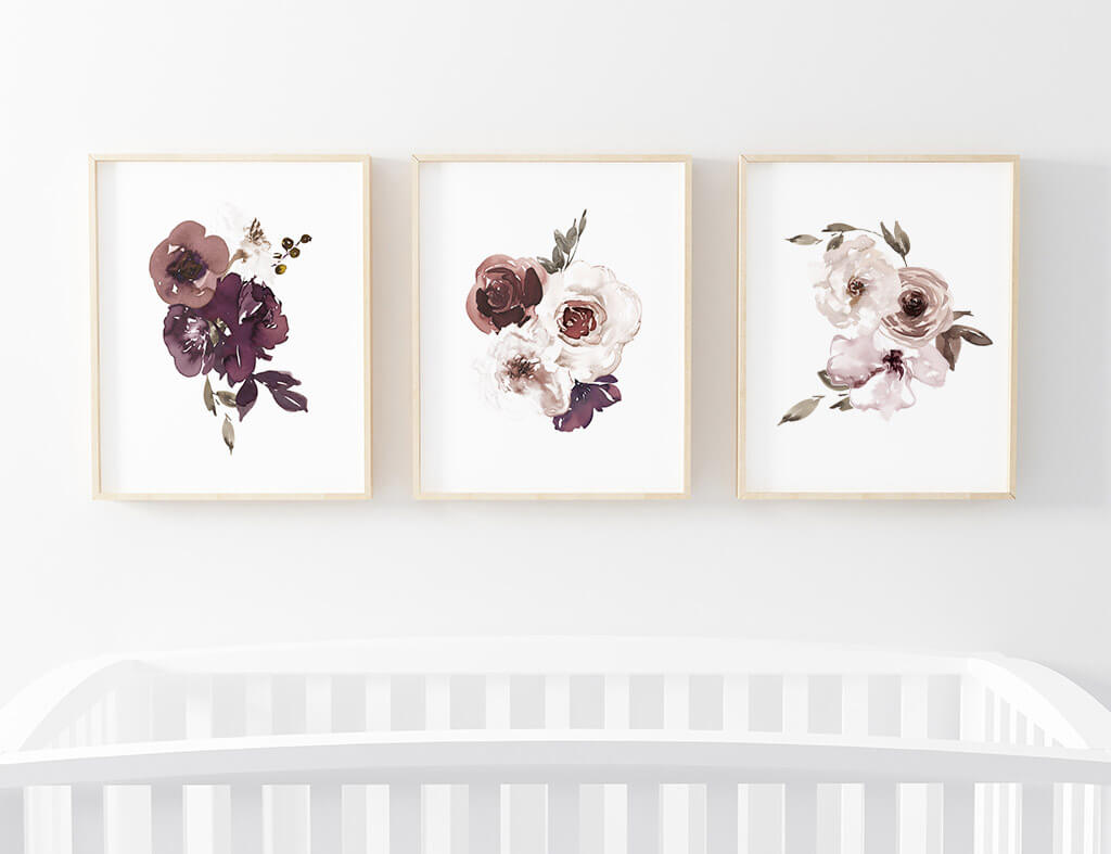 purple floral nursery art bundle