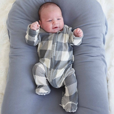 denim waffle footie for babies checkered print 