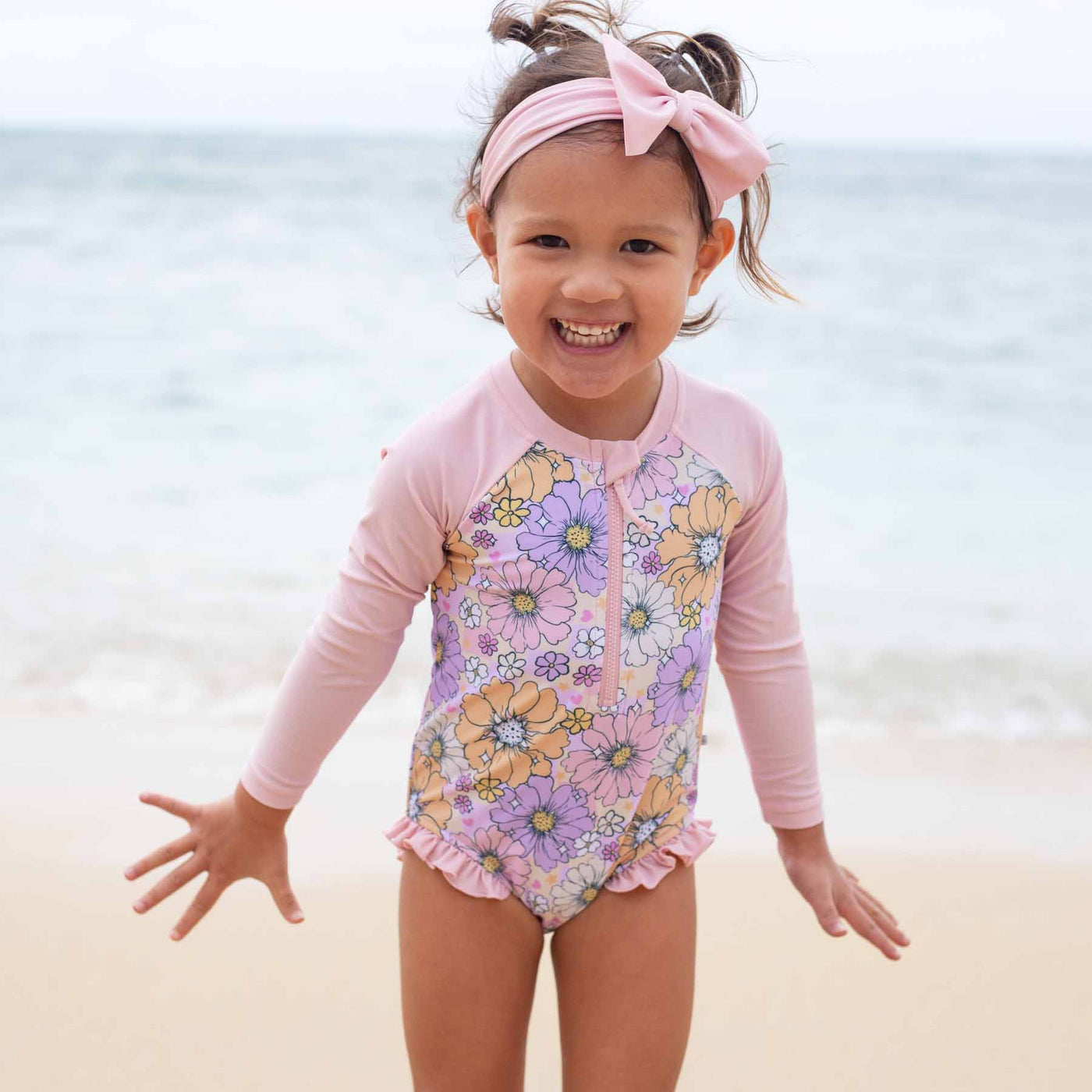 girls upf 50+ rash guard with long sleeve and front zipper retro floral 