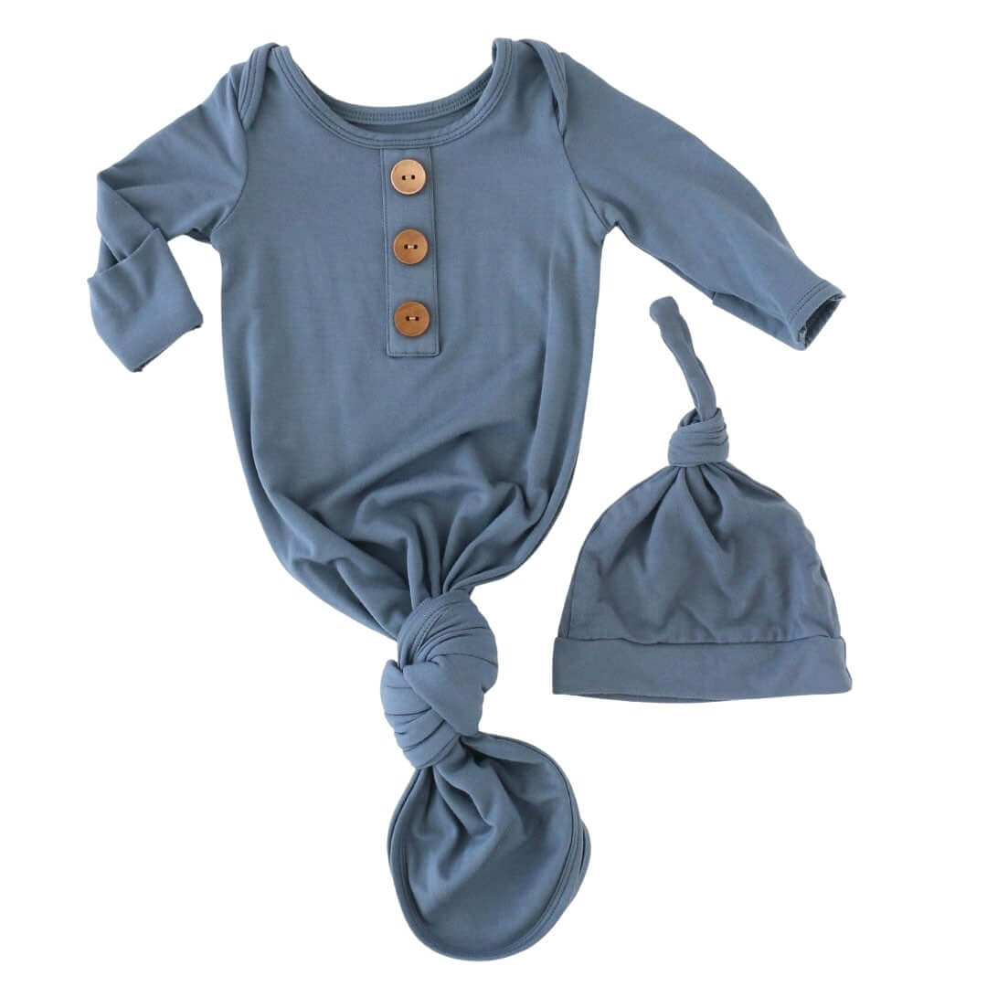 baby knot gown and hat set solid dusty blue 
