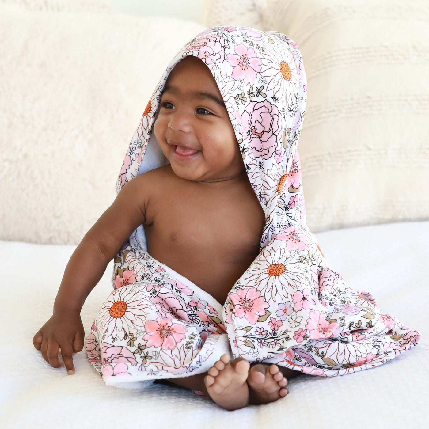 hooded towel for babies purple floral 