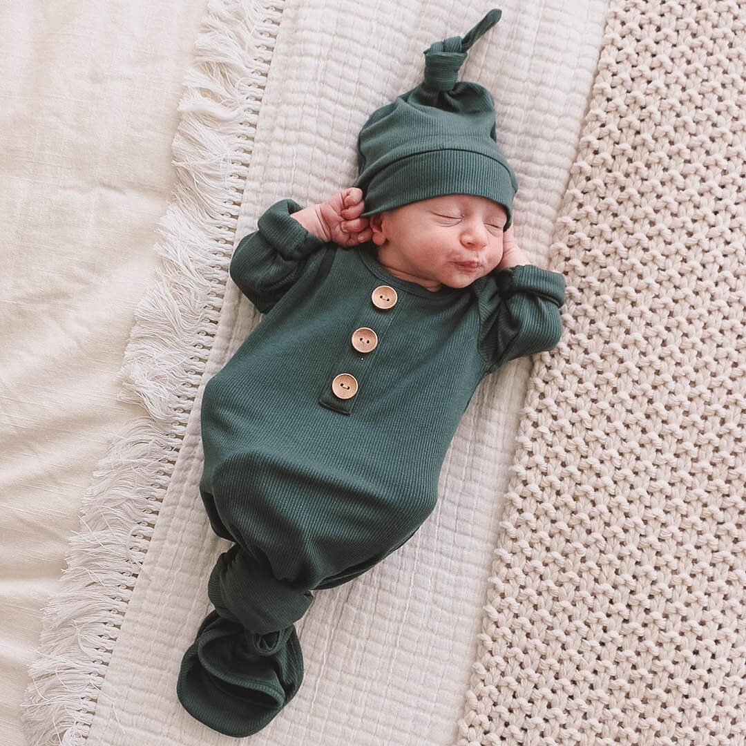 Forest Green Ribbed Bamboo Baby Knot Gown & Hat | Caden Lane Forest Green Ribbed Bamboo Baby Knot Gown & Hat | Caden Lane