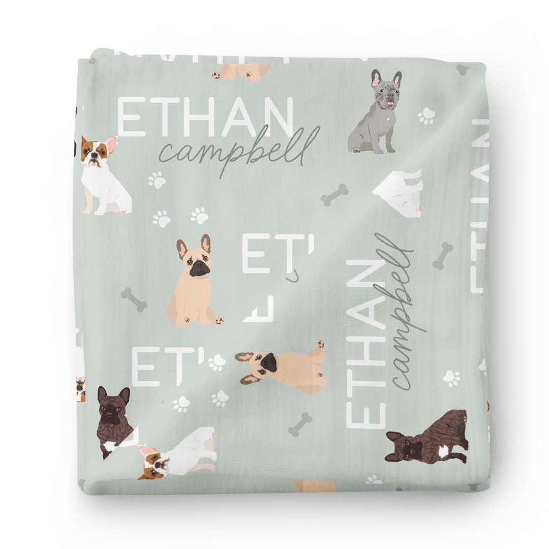 Personalized Baby Name Swaddle Blanket with French Bulldogs Caden Lane