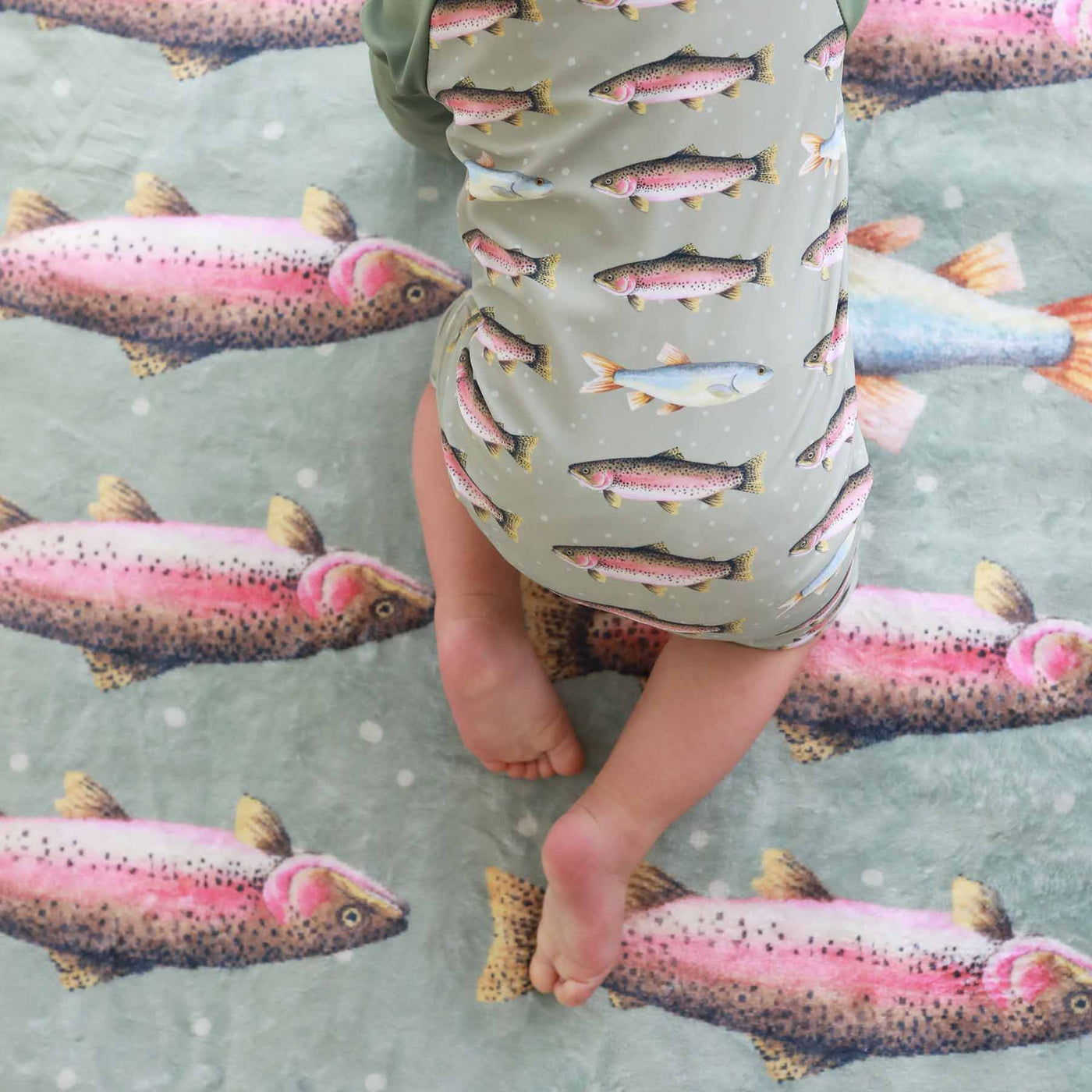 green personalized beach blanket for kids with trout 