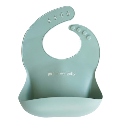 green silicone baby bib with saying 