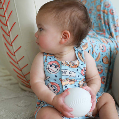 baseball themed snap romper for babies with shorts 