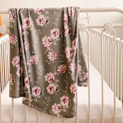 sage and blush floral personalized baby name swaddle blanket
