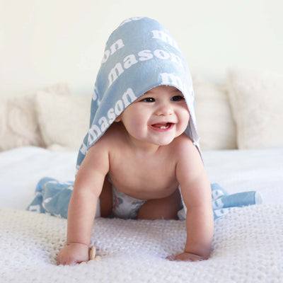light blue hooded towel for babies personalized 