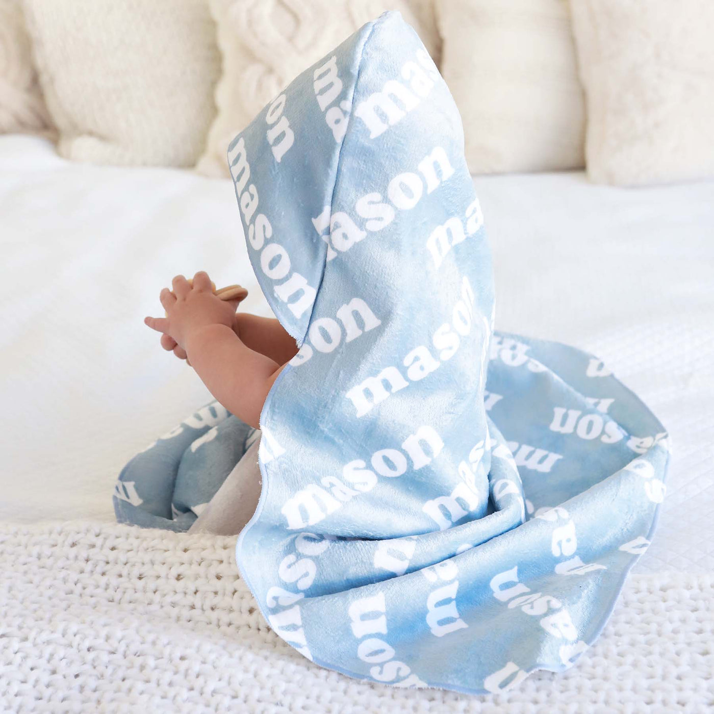 light blue personalized hooded baby name towel 