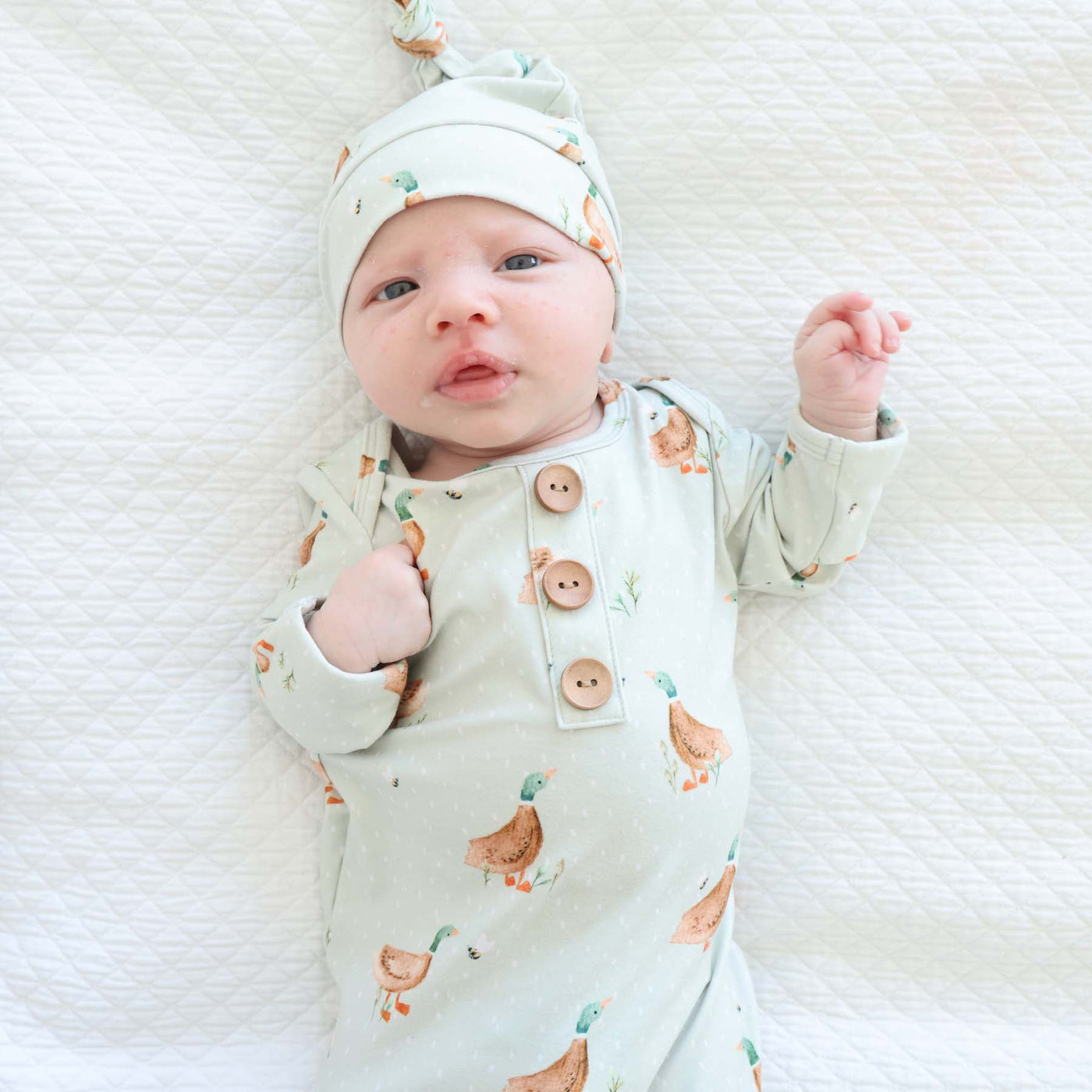 green newborn knot gown and hat set lucky ducky 