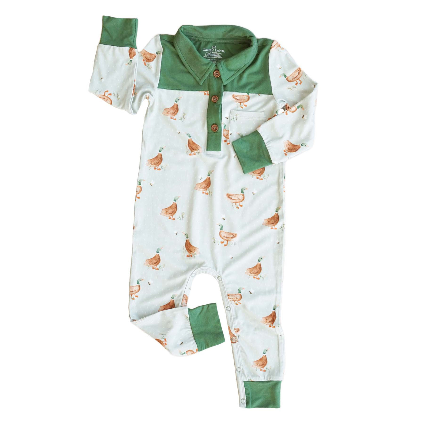 lucky ducky collar romper with snaps 