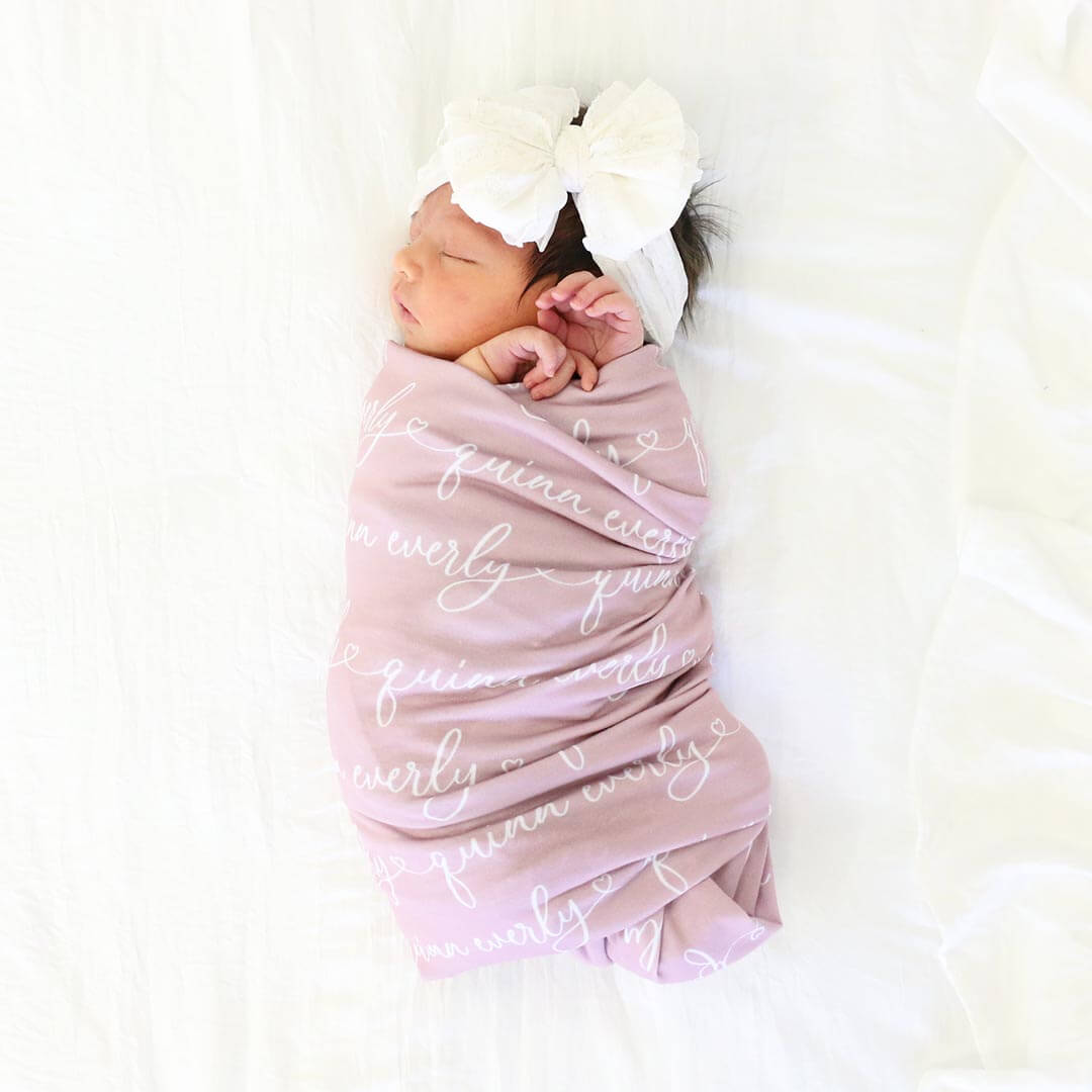 Personalized Light Mauve Baby Name Swaddle Blanket Heart Script