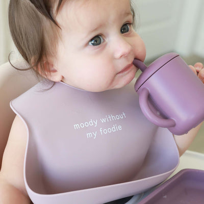 moody without my foodie purple silicone baby bib 