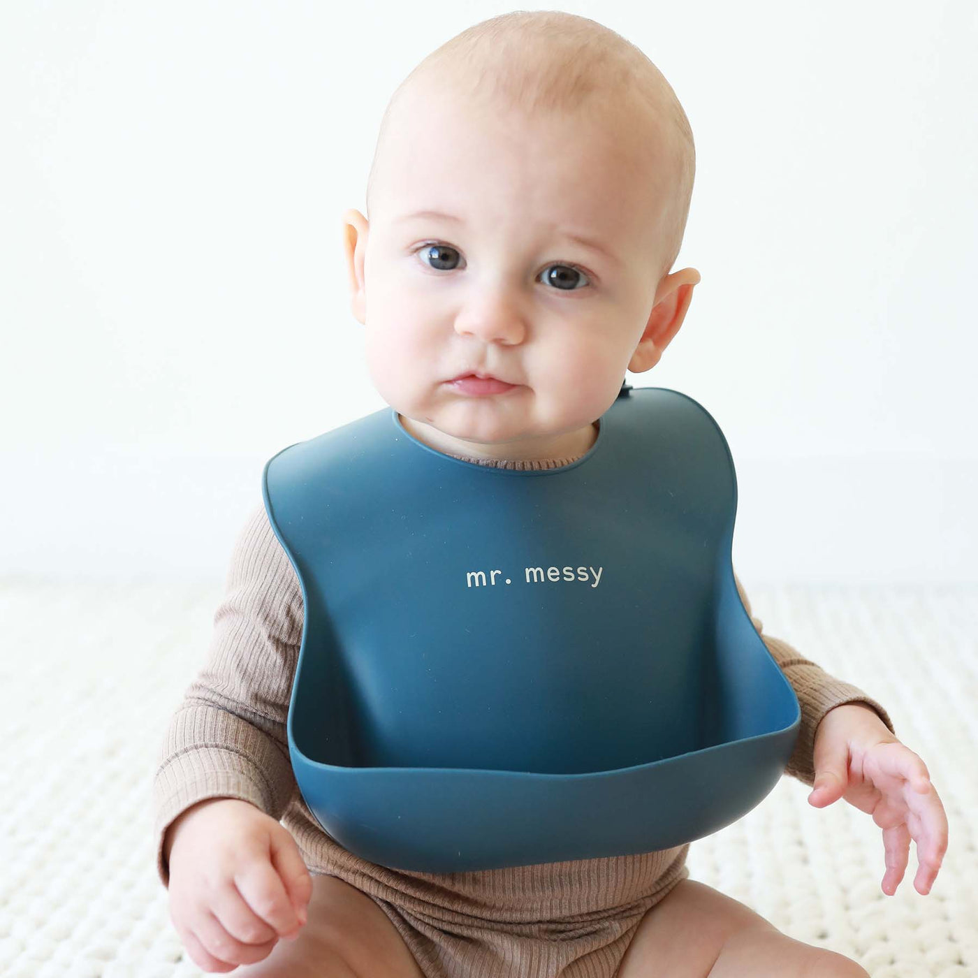 blue silicone bib for baby with saying mr messy 