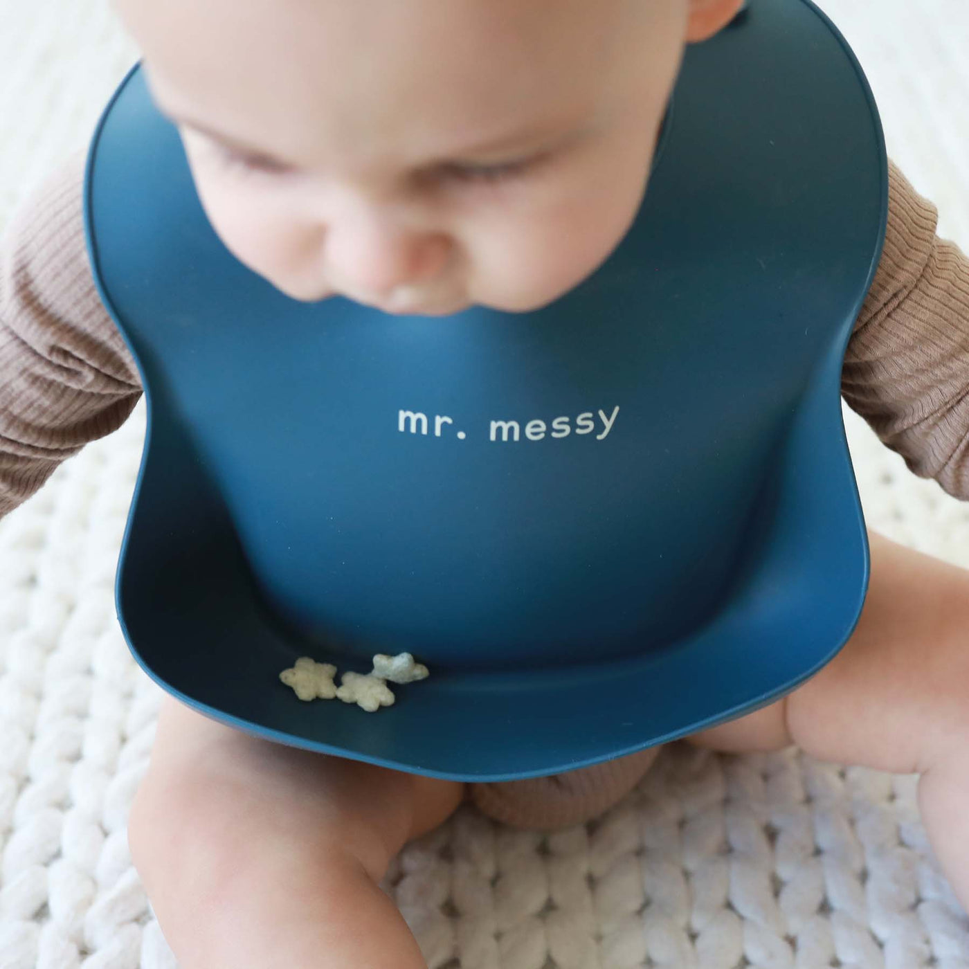 mr messy silicone baby bib with saying blue 