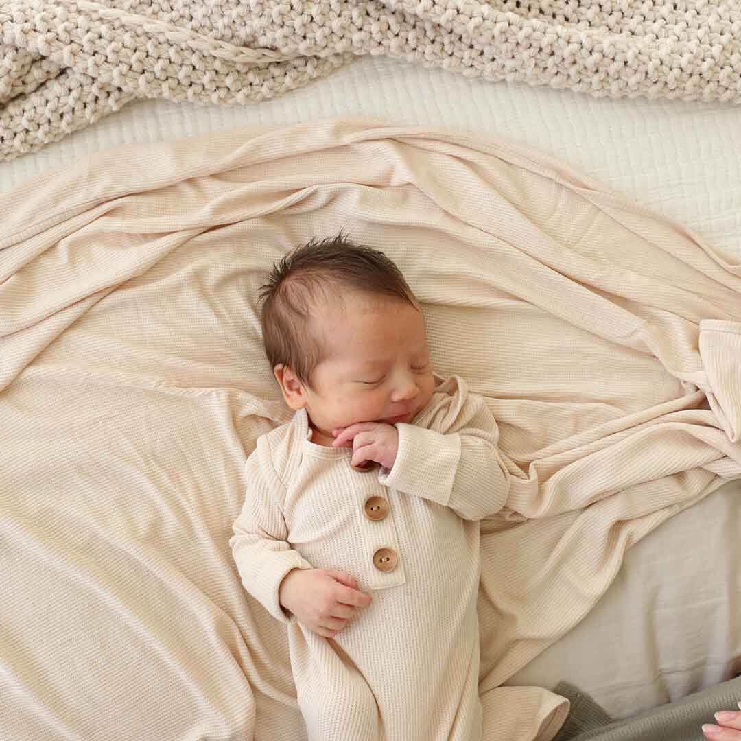 tan newborn knot gown and hat set 