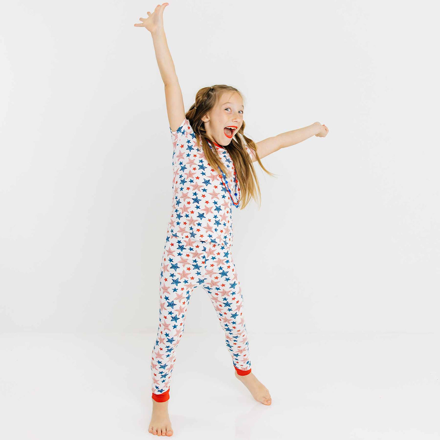 kids bamboo pajamas with red white and blue stars for the fourth of july 