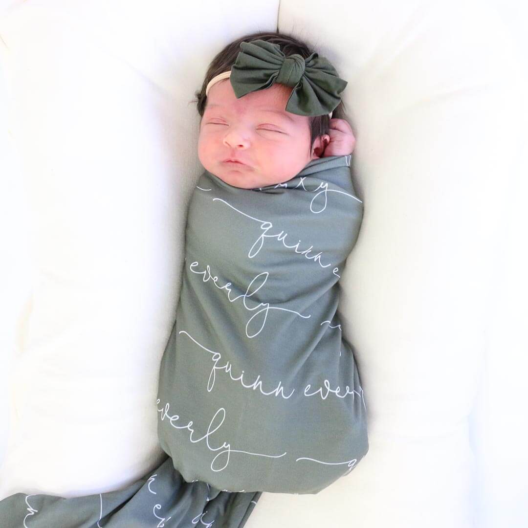 personalized olive baby name swaddle blanket script 