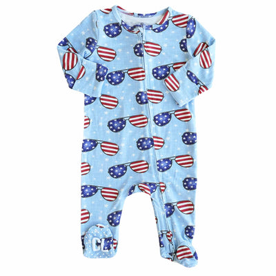 fourth of july footie for babies with flag sunglasses