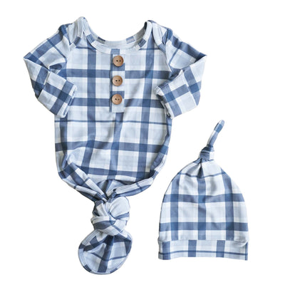 newborn knot gown with buttons blue plaid 